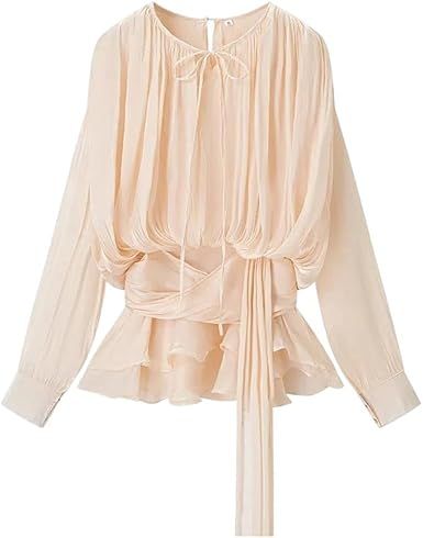 Women's Summer Fashion Pleated Long Sleeve Round Neck Pullover Short Dress