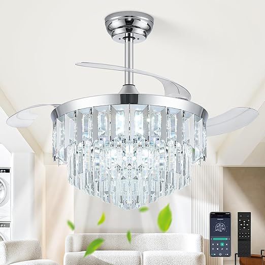 42" Fandelier Ceiling Fan with Light, Crystal Chandelier Fan with Retractable Blades Dimmable Crystal Ceiling Fan Chandelier for Bedroom Living Room Dining Room-Chrome