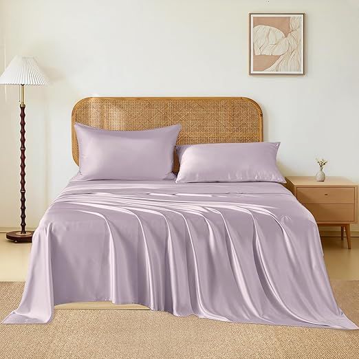 THXSILK Luxury Mulberry Silk Bed Sheets Set - 4pcs Silk Sheets Set 16" Deep Pocket - 1 Flat Sheet, 1 Fitted Sheet, 2 Pillowcases with Zipper Closure - Full, Light Purple