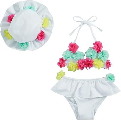 About this item  •   [Material]: The baby girls' swimsuit is made of Nylon, which is soft, skin-friendly and comfortable to wear. Easy to clean and not easy to fade or deform. •   [Design]: Adorable halter tank top with flower decoration, super cute desig