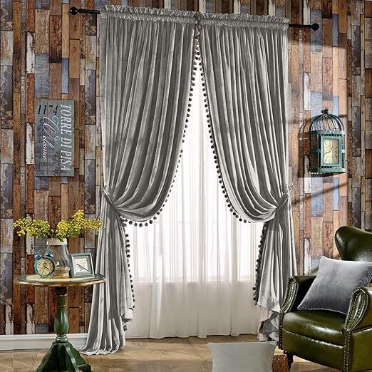 Melodieux Pom Poms Velvet Blackout Curtains for Living Room Bedroom, Vintage Luxury Energy Saving Rod Pocket Thermal Insulated Lined Drapes, 52" W x 96" L, Gray (2 Panels)