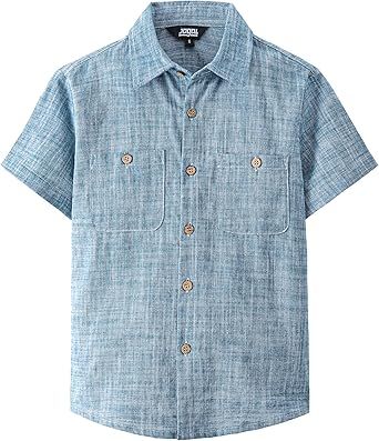 JOGAL Boys Chambray Shirts Short Sleeve Button Down Casual Cotton Woven Shirt with Two Pockets for Kids 6-14 Years