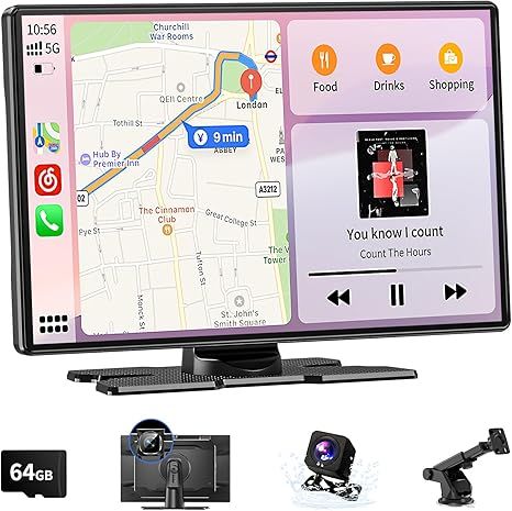 Wireless Carplay Screen for Car, 9" Extra Large A-pple CarPlay & Android Auto Screen with 4K Dashcam & 1080P Backup Camera, Car Stereo with Mirror Link, Voice Control, GPS, Bluetooth, AUX, FM