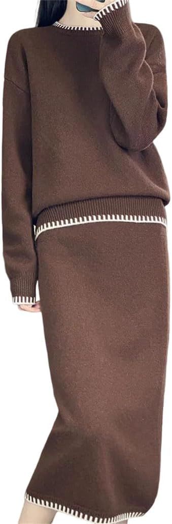 REHJJDFD Women Merino Wool Sweater Skirt Set O-Neck Long Sleeve Pullover Straight Knit Skirt