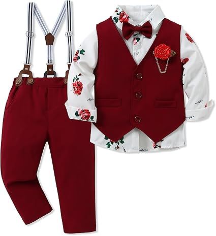 WESIDOM Toddler Boy Clothes Suit Formal Dress Shirt+Bowtie+Vest+Boutonniere+Suspender Pants Boys Gentleman Outfits Set