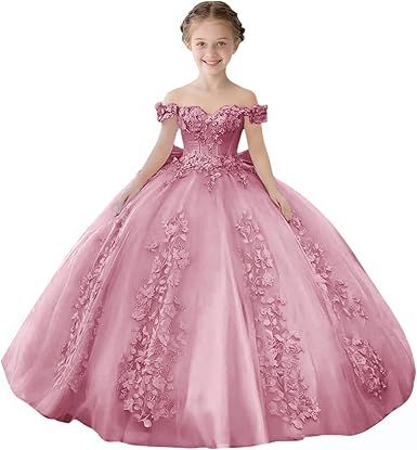 Lace Beaded Flower Girl Dresses for Wedding Off Shoulder Gilrs Pageant Dress Tulle Toddler Ball Gowns with Big Bow