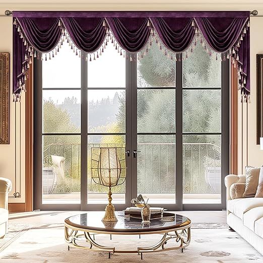 VOGOL 138" Extra Wide Purple Waterfall Valance, Luxury Velvet Swag Curtains for Sliding Doors, Room Darkening Window Topper for Master Bedroom, 1 Panel