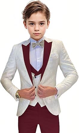 Boys Tuxedo Suit Jacquard Slim Fit 3 Piece Kids Tuxedo Suits for Boys Formal Wedding Suit Blazer Vest Pants