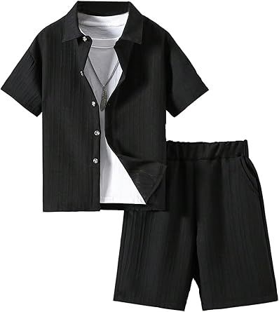 Boy's 2 Piece Beach Vacation Textured Linen Outfit Short Sleeve Button Down Shirt Top and Shorts Summer Set