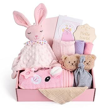 Baby Gift Set, Baby Shower Gifts Include Lovey Security Blanket Hooded Baby Towel Bodysuit Towel Socks Greeting Card