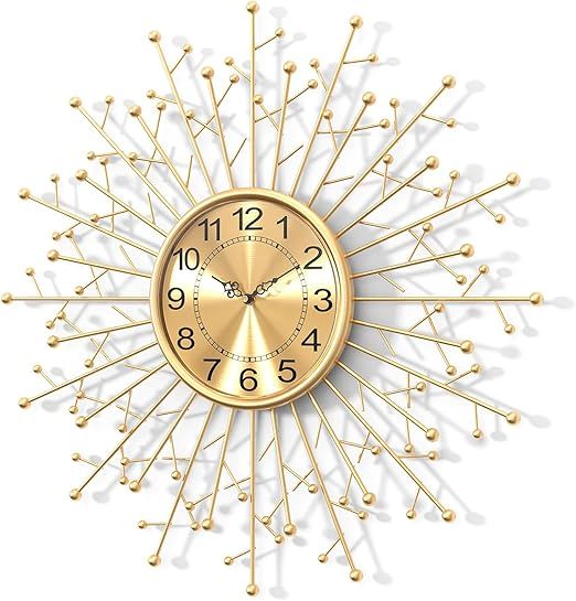 Large Modern Gold Wall Clock Decorative Mid Century Sunburst Branch Wall Clocks, Minimalism Metal Silent Clock, Luxury Home Gift Decor for Living Room, Bedroom, Dining Room, 24 inch