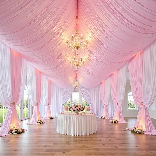 60ft×20ft Baby Pink Ceiling Drapes for Weddings Parties,12 Panels 5×20ft Long Ceiling Curtain for Tent Canopy,Wrinkle Free Silk Easy to Draping&Hang Pink Drapes for Event Church Stage Photo Bedroom