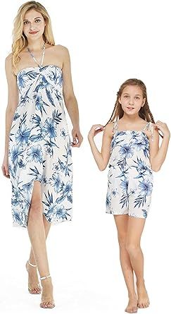Matching Hawaiian Luau Mother Daughter Dress and Romper in Pink White Hibiscus Vine