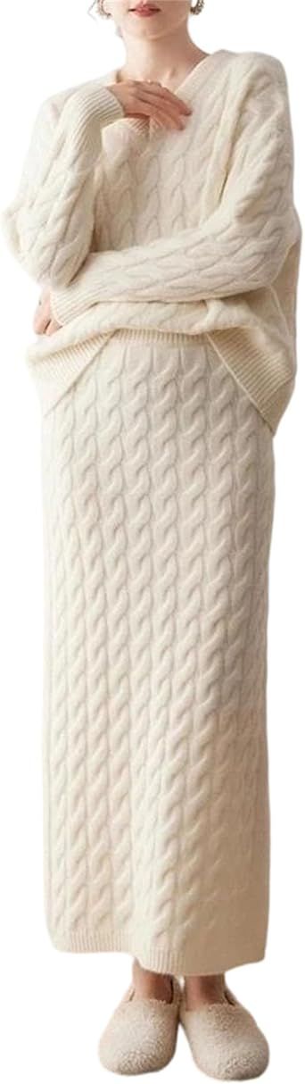 Women's Casual 2 Piece Wool Skirt Set Featuring A V-Neck Cable Knit Long Sleeve Pullover Sweater And A Matching A-Line Skirt