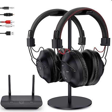 ROSIDA Dual Wireless Headphones for TV Watching with Transmitter, Headset Stand, TV Headphones for Seniors, 295FT Range with Optical, AUX, RCA,USB, High Volume Control, Long Playtime, No Delay, Black