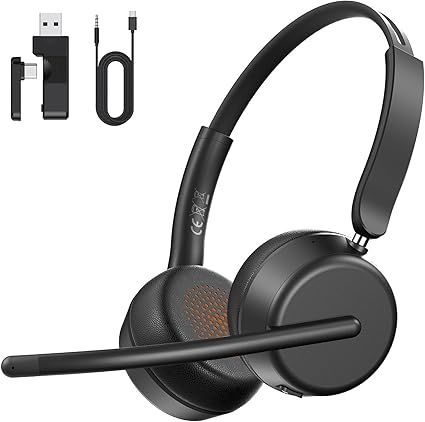 Wireless Headset with Mic for Work, Bluetooth 5.4 Headphones with AI Noise-Canceling Mic for Clear Calls, Wireless Headsets with Mic Mute & USB A/C Dongle for PC, Computer, Laptop, Black