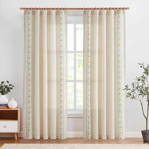 jinchan Weslie Boho Curtains for Bedroom Sage Green Vintage Floral Farmhouse Curtains 84 Inches Long Linen Drapes for Living Room Embroidered Light Filtering Drapes Sage on Beige 2 Panels