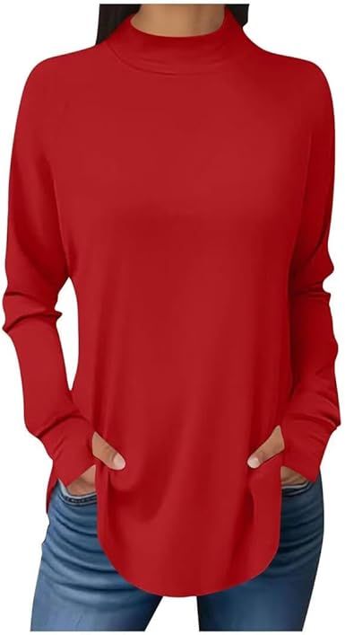 FMCHICO Women Mock Neck Shirt Long Sleeve Fall Tops Casual Tunics or Tops to Wear with Leggings