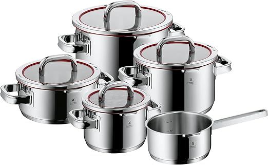 WMF Function 4 5-Piece Induction Saucepan Set, Glass Lid with 4 Pouring Functions, Polished Cromargan Stainless Steel, Induction Pots Set, Inner Scale