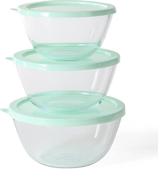 Martha Stewart Summersol 6 Piece, 67.6 oz, 50.7 oz, 33.8 oz Borosilicate Glass Mixing Bowl w/PP Martha Blue Lids