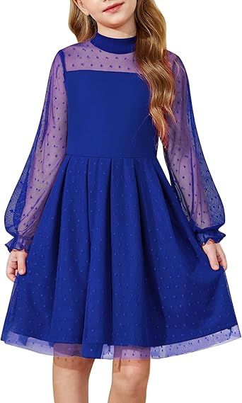Arshiner Girls Dresses Contrast Mesh Puff Long Sleeve Mock Neck Formal Party A Line Short Tulle Dress