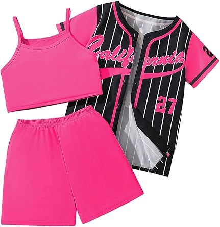 Hilinker Girls Graphic 3 Piece Outfits Short Sleeve Striped Cardigan and Crop Cami with Shorts Set