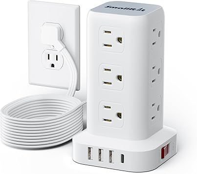 Extension Cord with Multiple Outlets, SMALLRT Flat Plug Surge Protector Power Strip Tower, Power Bars with USB 12 AC Outlets, 16.5FT Ultra Thin Extension Cord for Home Office, Overload Protection