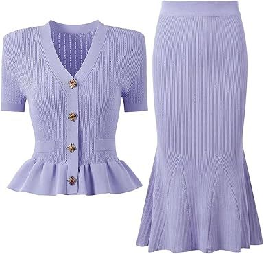Women's Short Sleeve Knit Top Fishtail Half Skirt Set With Diamond Buttons