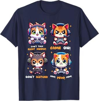 Gamer Cat Funny Gaming Video Games Pew Boys Girls Kids Teens T-Shirt