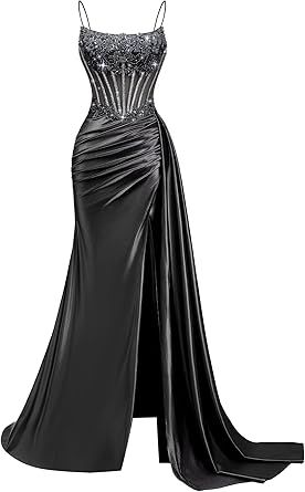 Beaded Satin Prom Dresses Long Mermaid Evening Dresses Lace Applique Corset Formal Party Gown with Slit Tail