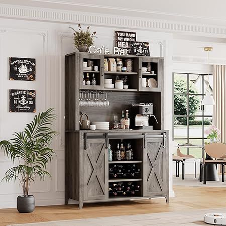 IDEALHOUSE 70'' Wine Coffee Bar Cabinet with Storage Hutch, Tall Kitchen Pantry Liquor Cabinet with Sliding Barn Doors, Bottle Glasses Rack, Farmhouse Buffet for Home Dining Room, Gray Oak