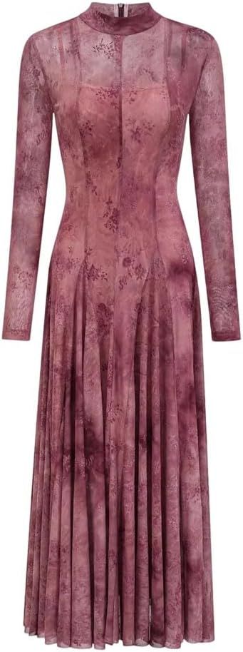 Women Evening Dress Fashion O-Neck Long Sleeve Grenadine Print Two Piece Set Slim Gown