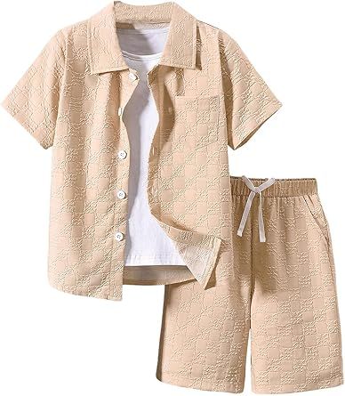 Boy's 2 Piece Beach Vacation Textured Linen Outfit Short Sleeve Button Down Shirt Top and Shorts Summer Set