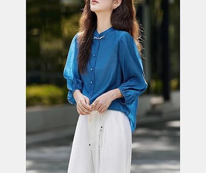 Women's Elegant Chinese Style Long Sleeve Blouse Casual Button-Down Work Shirt