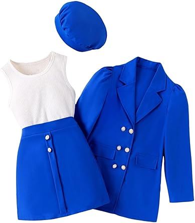 Milumia Girl's 4 Piece Outfits Knit Top Mini Skirt and Blazer Jacket with Hats