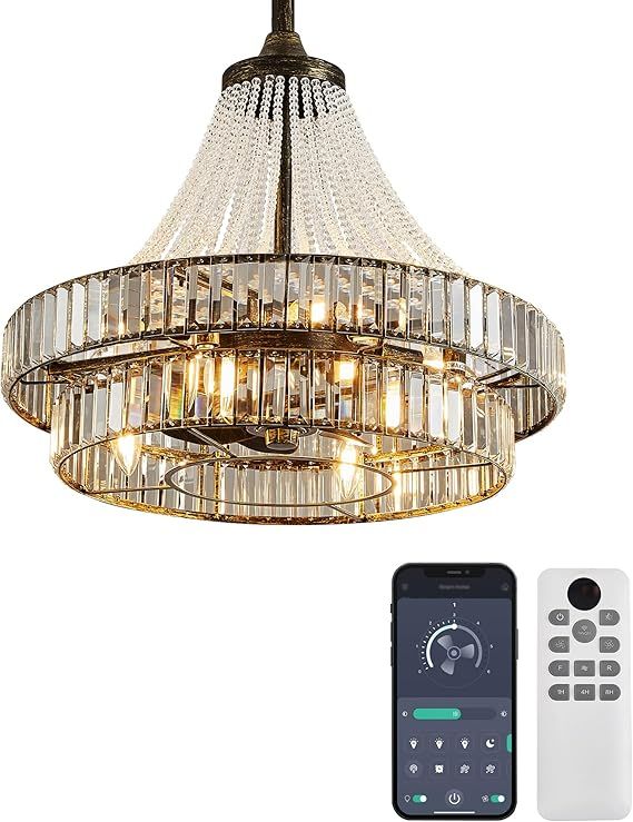 24“ Retro Crystal Chandelier Ceiling Fan with Lights, Remote & App Control, 6-Speed Reversible Large Fandelier, Double Layer Design for Bedroom, Living Room (Black Gold)