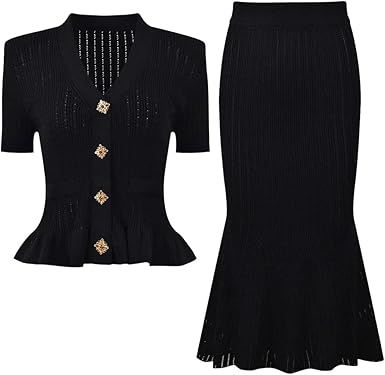 Women's Short Sleeve Knit Top Fishtail Half Skirt Set With Diamond Buttons