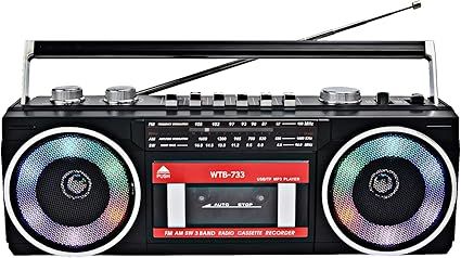 Retro 80's Cassette Player Recorder with AM/FM/SW Radio, Bluetooth Boombox, USB, Built-in MIC for Voice Recording, RGB Colorful Lights, Headphone Jack, AC or Battery Powered