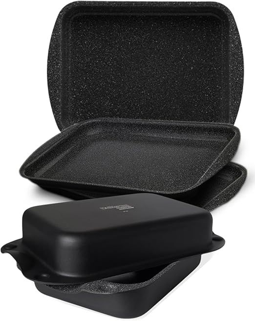 DaTerra Cucina Nonstick Baking Bundle – Roasting & Lasagna Pan, Twin Pack Ceramic Baking/Cookie Sheets, Dual Covered Roasting Pan Set – Made in Italy, Volcanic Black