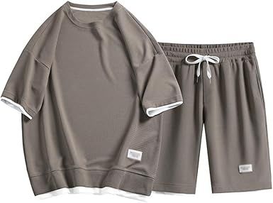 Short Sleeved Set With 5/4 Pants, Men's Loose Fitting Casual Sports Two-piece