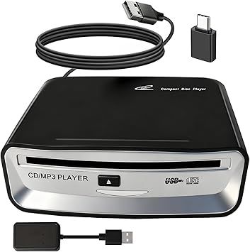 Portable CD Player for Car, External USB Compact Disc Drive for Vehicles Without Built-in Audio, Advanced Anti-Skip & Resume Playback, Dual Connection for Road Trips, Black