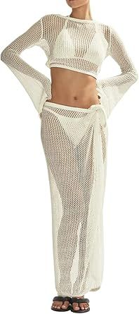 Women's Swimsuits Cover Ups Set for Crochet Bathing Suit Hollow Out 2 Piece Bikini Coverup Beach Swimwea