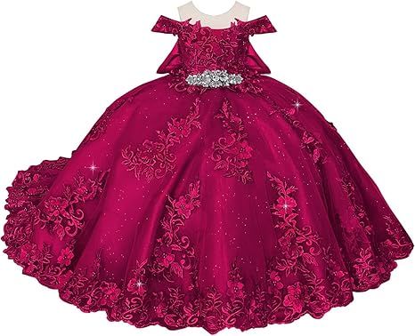 Boatneck Lace Flower Girl Dresses 3D Flower Ball Gown Dresses for Girls Pearly Crystal Girls Pageant Dress