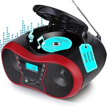 Boombox CD Player Portable, Portable CD Players for Home, Radio CD Player Stereo with AUX/USB/FM/Bluetooth, AC/Battery, Sleep Timer, Boom Box with Bluetooth Gift for Kids,Seniors,Home, Red
