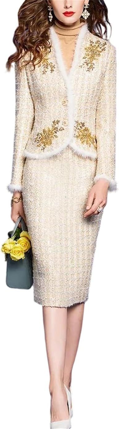 Women’s Beaded Tweed Patchwork Jacket and Pencil Skirt Two Piece Matching Set Elegant Outfit for Evening Party