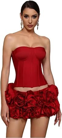 Women Red Sexy Bandage Skirt Set Strapless Corset Top And Mini Flowers Skirt Two Piece Sets Baddie Outfits