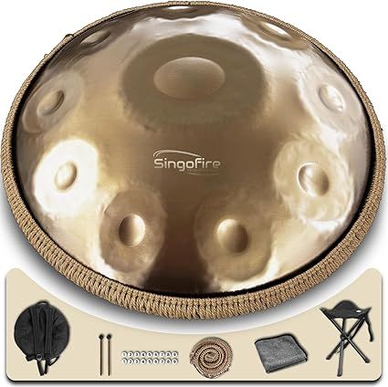 "SINGOFIRE" Handpan Drum, Handpan Drums for Adults, 22-Inch 432Hz D Minor Kurd Handpan, HandPan Instrument (Gold-10Notes（432HZ）, 22-Inch)