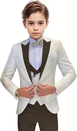 Boys Tuxedo Suit Jacquard Slim Fit 3 Piece Kids Tuxedo Suits for Boys Formal Wedding Suit Blazer Vest Pants