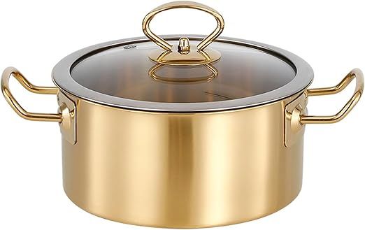Stainless Steel Ramen Pot Nonstick Stockpot Soup Cooking Pot with Glass Lid Small Saucepan Noodle Pot with Double Handle Cooking Kitchen Essential for Home Camping Cooking,Gold,18cm/7.1inch