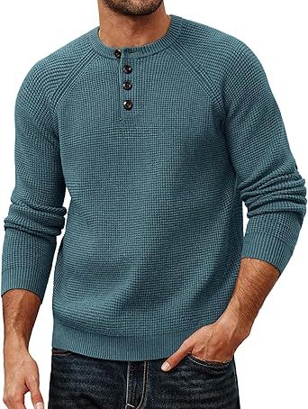 PJ PAUL JONES Mens Sweaters Casual Waffle Pullover Sweater Button Crewneck Textured Knit Henley Sweaters